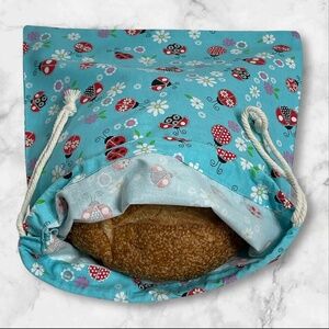 Ladybug Teal Cotton Bread Bag, Reusable Bread Storage, Zero Waste Sourdough Bag